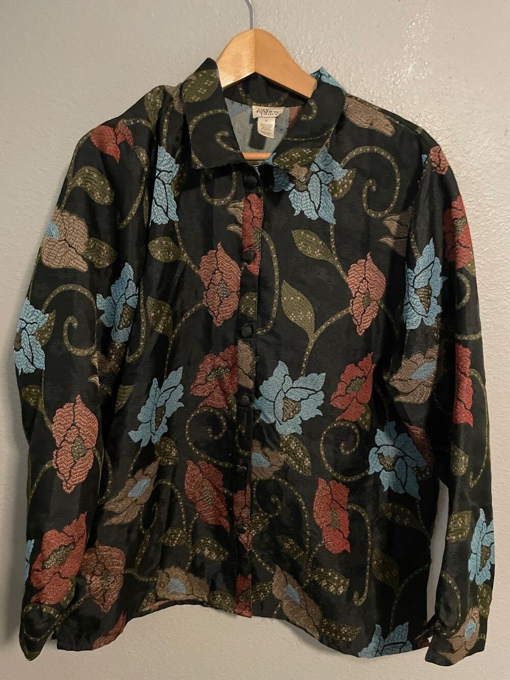 Vintage One Hanes Place Jacket Womens XL Black Floral Jacquard Button Up Boho